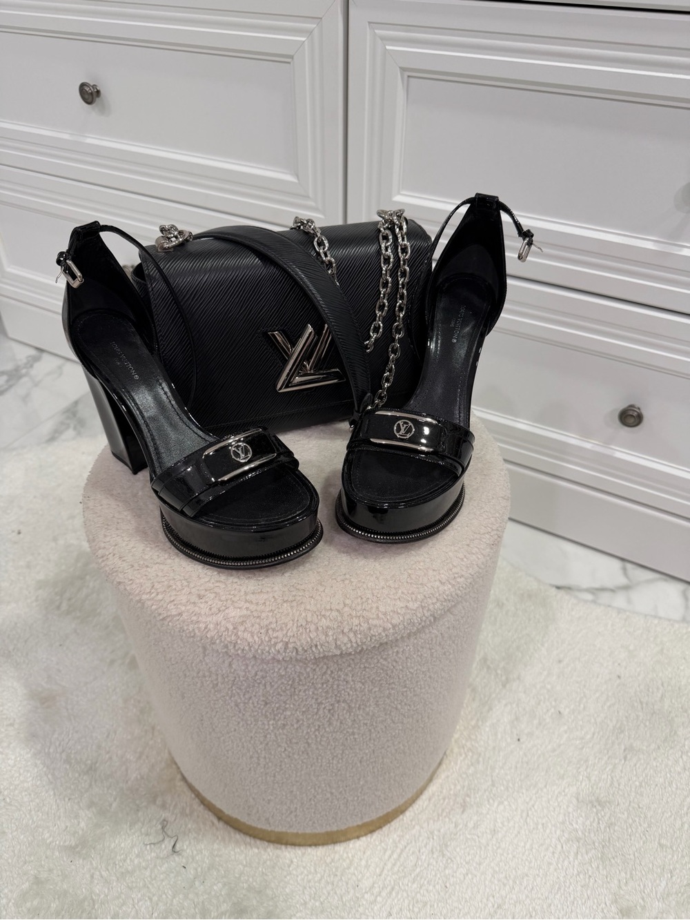 Louis Vuitton Black Patent Leather Platform Sandals with Silver Logo Hardware